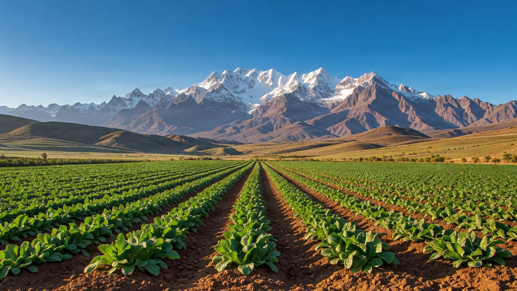 Scenic Moroccan agricultural landscape with lush green fields and the Atlas Mountains in the background.